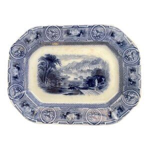 Antique Pearl Stone Ware Wedgwood Platter with Cut corner White & Blue Transferw